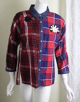 NWT Desigual Sz S Red Plaid SHIRRED FLOWERS Funky Art-to-Wear Blouse Shirt Top • $117.32