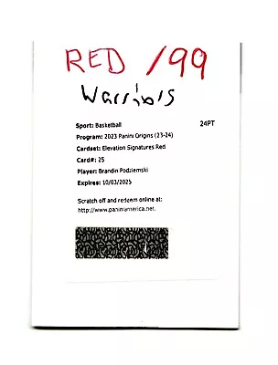 2023 Brandin Podziemski Panini Origins Elevation Red Prizm Auto /99 RC Signed 25 • $9.99