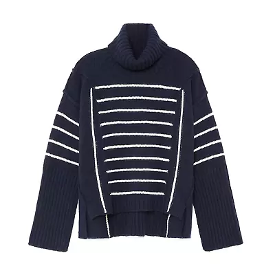 G. Label By Goop Women XS Navy Ivory Willes Striped High-Cuff Turtleneck Sweater • $189.95