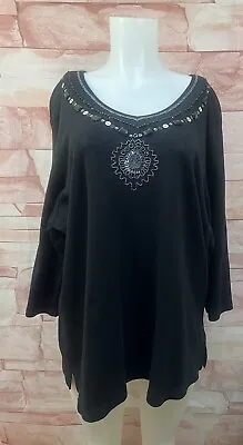 Quaker Factory Womens Black 3/4 Sleeve Tee Size 2X Embellished Top NWT • $18.20