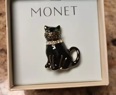 Monet Vintage Black Cat With Rhinestone Collar Green Eyes Brooch Halloween • $14.99