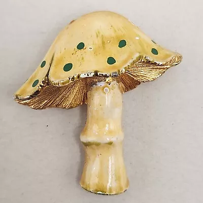 Vtg Spotted Mushroom Pin Brooch Enameled Cream Green Kitschy 60s 70s Gold Tone • $24.49