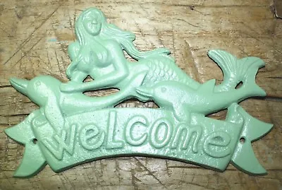 Cast Iron MERMAID WELCOME Plaque DOLPHIN Sign Nautical Wall Decor Sea Foam Green • $4.99