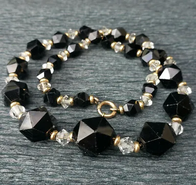 Simmons Black Geometric Crystal Graduated Beads Necklace Strung On GF Chain 15  • $20