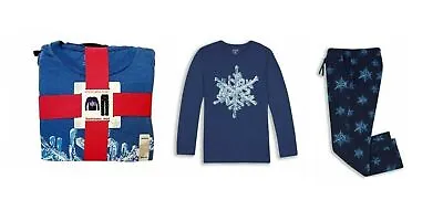 Mens Fleece Pajama Set Snowflake Lounge Wear By Bottoms Out Blue Size Medium • $16.14