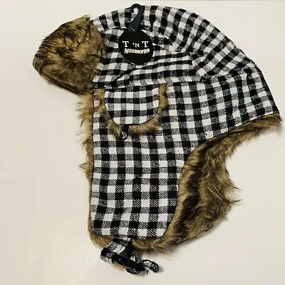 TNT Accessories Mens Aviator White Plaid Faux Fur Ear Flap Trapper Hat One Size • $25.99