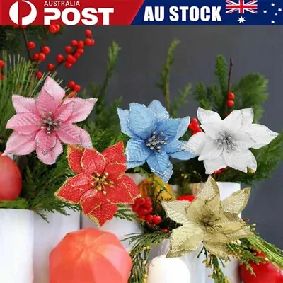 10X Christmas Large Poinsettia Glitter Flower Tree Hanging Party Xmas Decor AU • $9.99
