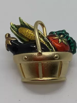 Vintage Enameled Summer Vegetable Harvest Basket Brooch • $14.99