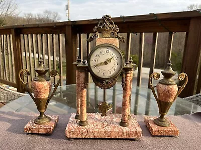 Antique French THE FRIEDLAENDER CO. Brass & Marble Clock W/ Garnitures Mantle • $167.50