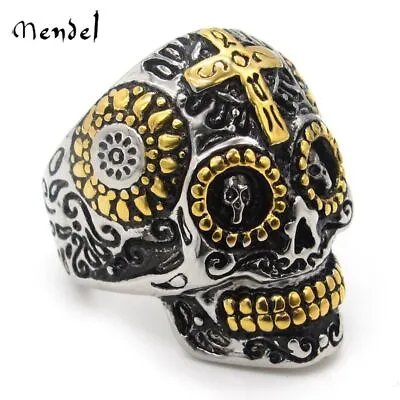 MENDEL Mens Gold Plated Motorcycle Biker Skull Ring Stainless Steel Size 7-15 • $11.99