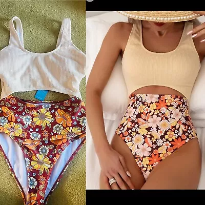 BNWT Cupshe Womens 60s Retro Floral Cut Out Swimsuit Size S UK10 • £15