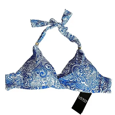 Lauren Ralph Lauren Bikini Top Size 6 Paisley Print Halterneck Blue White • £47.49