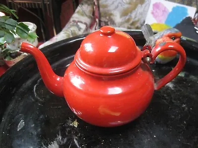 Vintage Small Orange Red Black Enamel Kettle Teapot Poland #12 • $24.95
