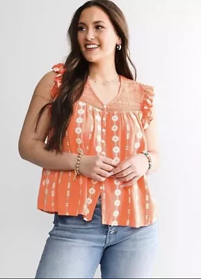 Miss Me Orange Women's Size Medium Embroidered Cap Sleeve Top • $15