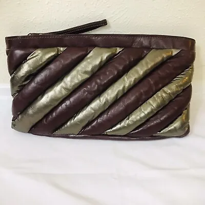 Vintage Kadin Maroon Metallic Brown Striped Leather Clutch Wallet Wristlet USA • $65