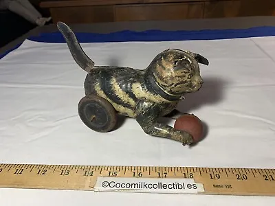 Vintage 1930's Marx Tin Litho Friction Black Tabby Cat With Ball Parts Repair ? • $45