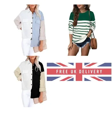 £6.95 • Buy Womens Corduroy Shirts Button Down V Neck Long Sleeve Blouses Casual Roll Up Cuf