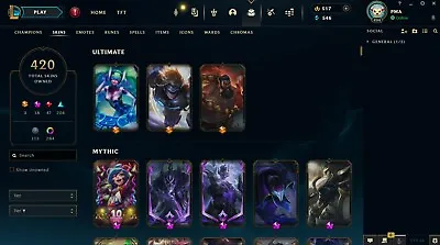 League Of Legends Account EUW 420 Skins 18 Limited Mythic Prestige Skins • £500
