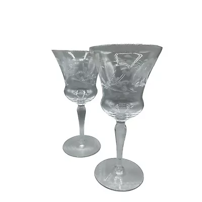 Set Of 2 Vintage Cut Glass Wine Glasses 1940s Pair With Floral Design Drinkware • $20