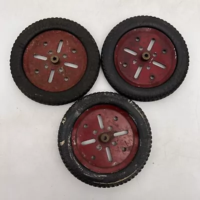 3x Meccano Dunlop Cord Approx 4 Inch Tyres Red Pulleys Hardened Cracked Vintage • £19.99