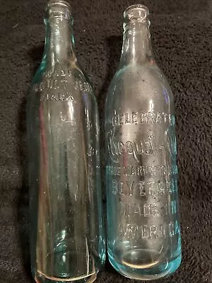 Two Vintage Clicquot Club Trade Mark Soda Bottles Embossed Blue Green Tint Glass • $25