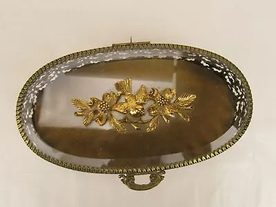 Vintage Matson Gold Filigree Charming Bird Flower Glass Jewelry Hinged Lid Box • $60