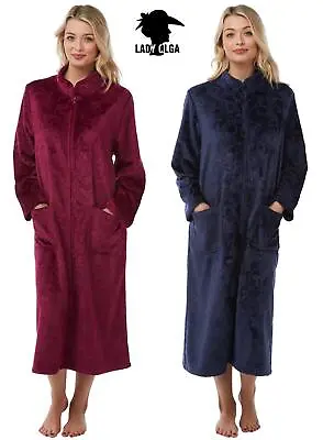 Lady Olga Zip Robe Soft Feel Coral Fleece Embossed Dressing Gown Nightwear • £29.99