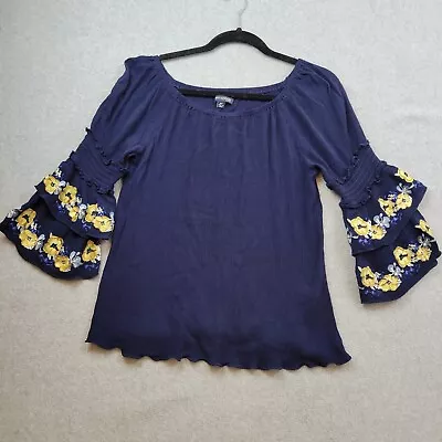 Max Edition Top Off The Shoulder Floral Ruffle Bell Sleeve Womens Petite MP Blue • $12.75