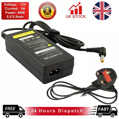 12V 5A AC DC Power Supply 5 Amp 12 Volt Adapter Charger LCD Screen 5.5*2.5mm PSU • £11.49