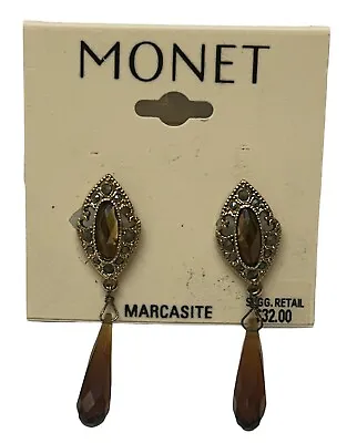 Vintage Monet Dangle Teardrop Marcasite Clip Earrings New On Card • $17.88