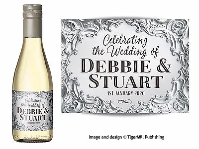 PERSONALISED Silver Mini Wine / Champagne Bottle Labels Wedding Favour Hen Party • £3.50