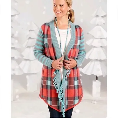 MATILDA JANE Women's Tartan Plaid Blanket Fringe Open Cardigan Sweater Sz M • $19.99