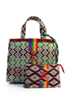 Ikkim'o Womens Pasar Large Rainbow Embroidery Canvas Tote Handbag Red Green • $289.01