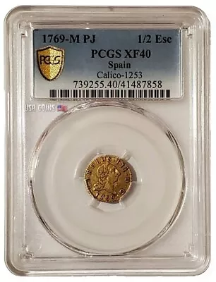 1769-M PJ Spain CAROLUS 3 XF-40 Gold Regular Strike 1/2 Escudo Coin WITH Calico. • $559.95