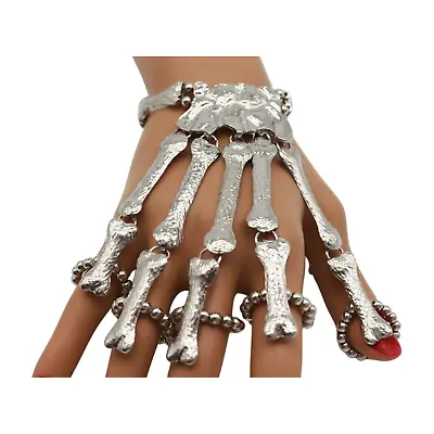 Women Silver Metal Hand Chain Bracelet 5 Long Bones Finger Skeleton Ring Skull • $18.95