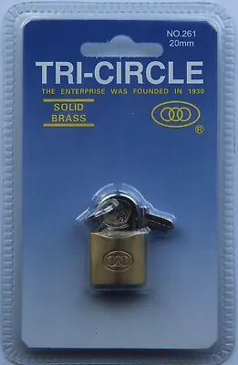 £2.25 • Buy Tri-Circle Solid Brass Padlock With 3 Keys -20mm New Double Blister Pack 