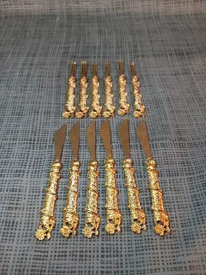 12 Pc 6 Each Set Gold Plated Miniature Ordoevre Flatware Fork & Knives  • $25.90