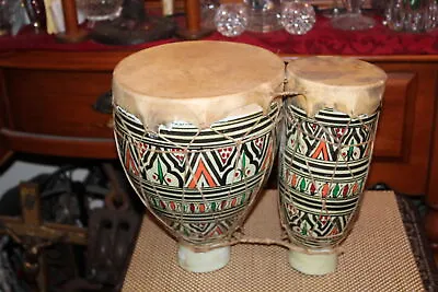 Vintage Pair Pottery Tribal Hand Drums Hand Painted Patterns Bongos Congas • $149.99