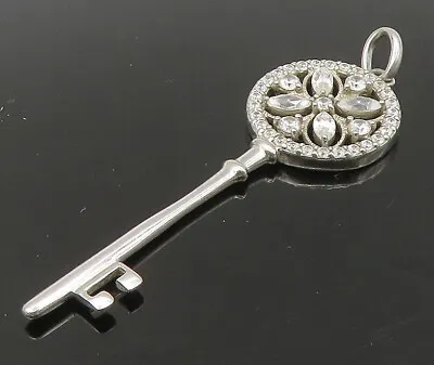 925 Sterling Silver - Vintage Shiny Topaz Floral Motif Key Pendant - PT18976 • $34.95