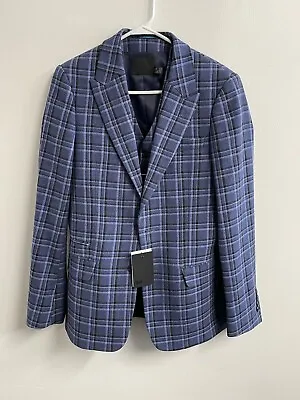 NWT New ASOS 3-Piece Blue Plaid Wool Blend Slim Fit Suit Size 34 • $175