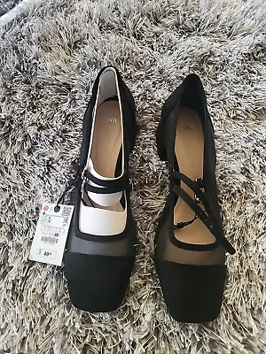 Zara Mesh Heeled Mary Janes Sz 41 Black • $45