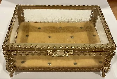 Vintage Gold Ormolu Beveled Glass Gold Cushion Studded Jewelry Casket Box Case • $64.99