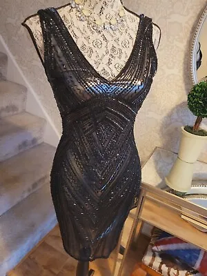 Miss Selfridge Black Fully Sequined Art Deco Style Cocktail Dress Size UK8 • $31.08