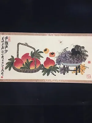 Old Chinese Beautiful Painting Scroll About Peach Grape By Qi Baishi 齐白石 • $139