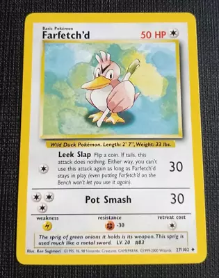 Pokemon Base Set 4th Print Card Farfetch'd 27/102 WOTC 1999-2000 PACK FRESH MINT • $1.24