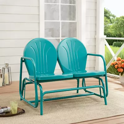 Retro Teal Outdoor Love Seat 2 Person Metal Patio Porch Garden Glider Bench • $219.95