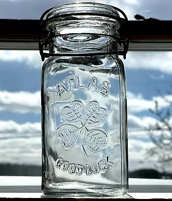 Vintage Atlas Good Luck Clear Glass Top  Quart Fruit Jar • $17