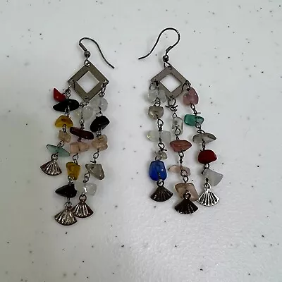 Beaded Earrings Dangle Chandelier Silver Tone Boho Rainbow Multi Color Eclectic • $7.49