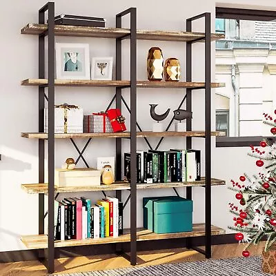 Double Wide 5-Tier Open Bookcase Vintage Industrial Large Shelves • $229.99