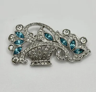 Vintage Mazer Blue Rhinestone Flower Basket Brooch Rhodium Plated Signed 2 • $149